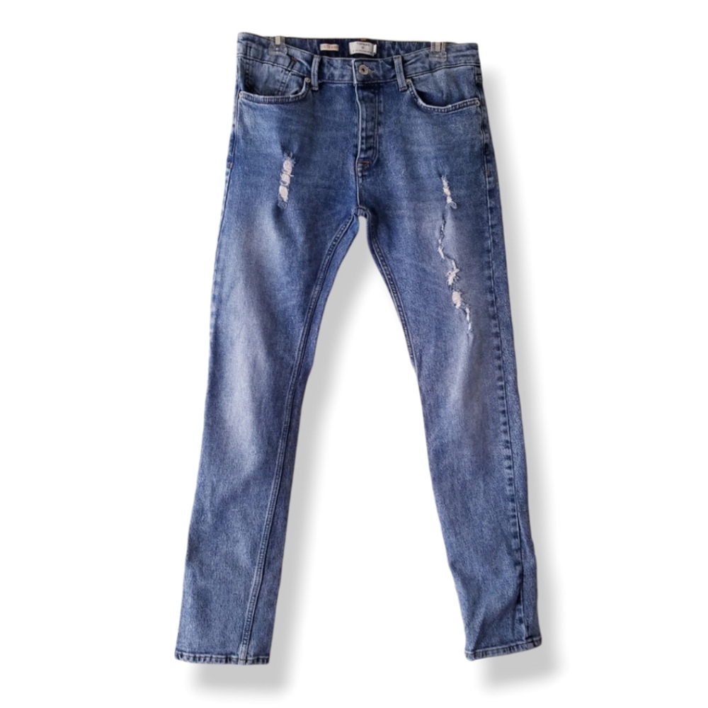 Topman Blue Distressed Stretch Skinny Jeans Size 32R